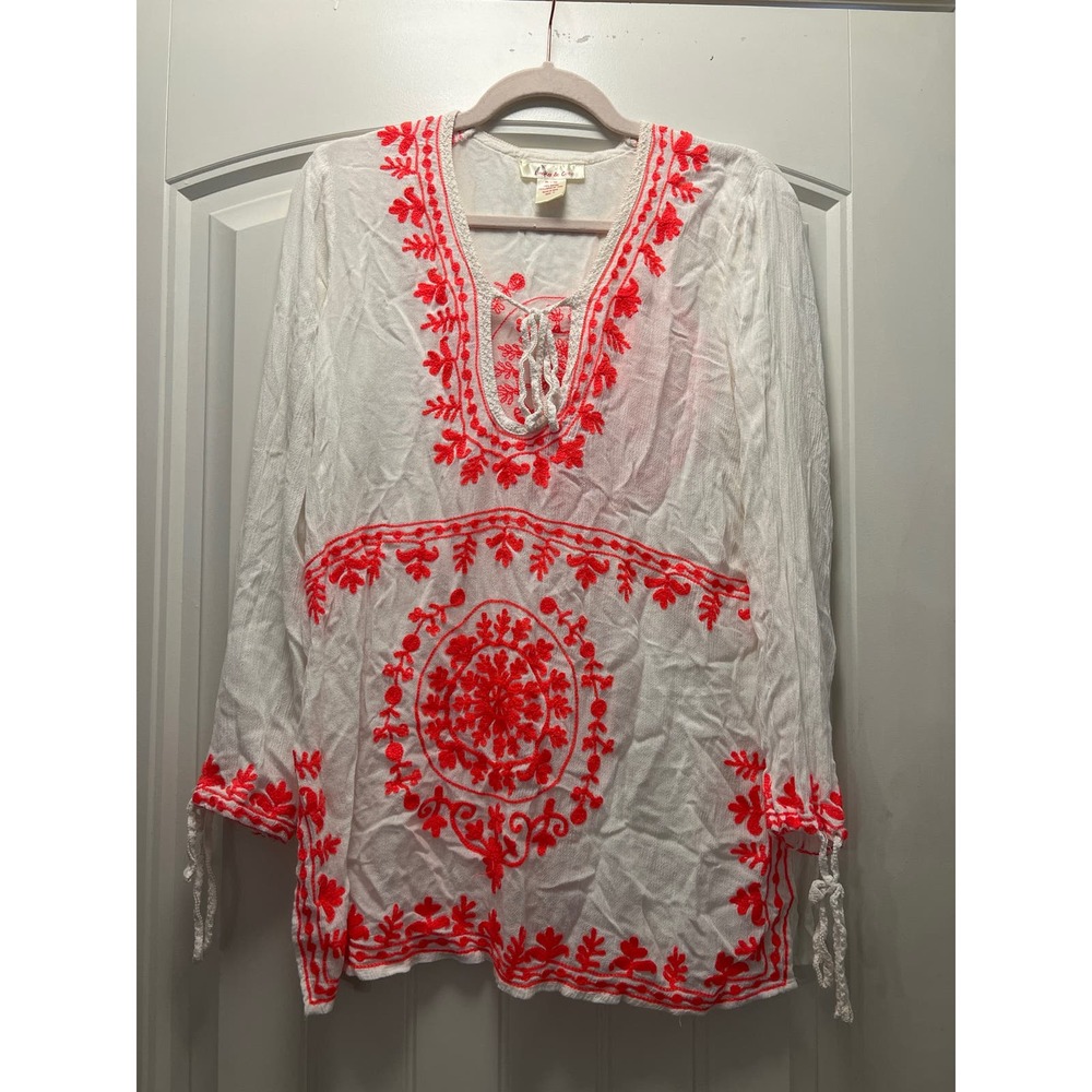 Lucky & Coco Women’s Embroidered & Tasseled Swim Cover Top‎ Size S White Pink